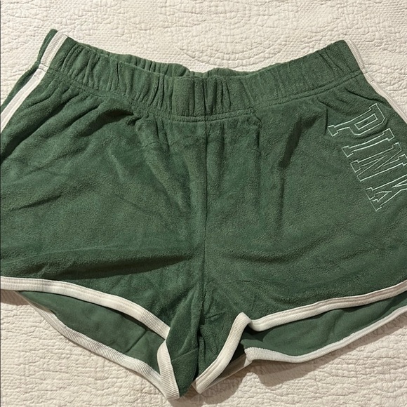 PINK Victoria's Secret Green Athletic Shorts Lightweight Terry Varsity Design. L - Picture 2 of 6